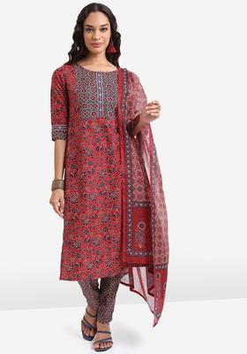 Red Printed Polyester Kurta Set