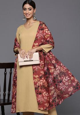 Beige Solid Silk Blend Kurta Set