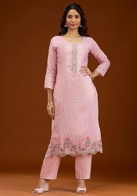 Pink Embroidered Crepe Kurta Set