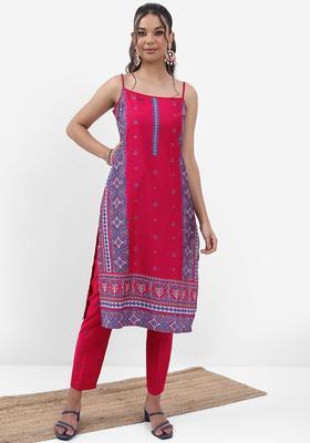 Red Printed Polyester Kurta Set