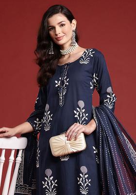 Navy Blue Printed Cotton Kurta Set