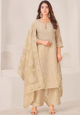 Beige Self Design Linen Kurta Set