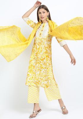 Mustard Printed Polyester Kurta Set
