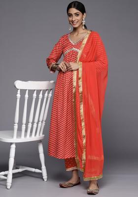 Red Embroidered Viscose Kurta Set