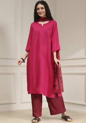 Pink Printed Viscose Kurta Set