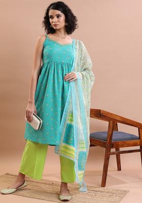 Turquoise Blue Printed Polyester Kurta Set