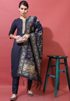 Navy Blue Printed Polyester Kurta Set