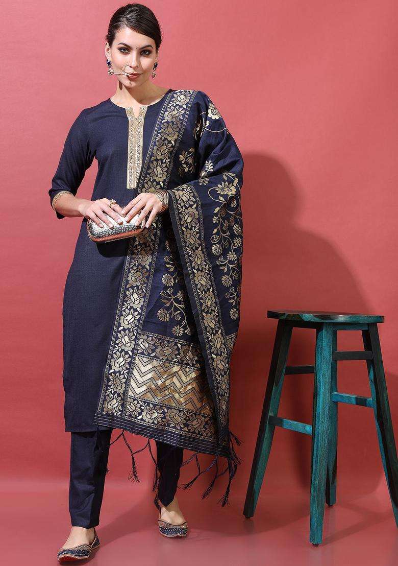 Navy Blue Printed Polyester Kurta Set - Indya