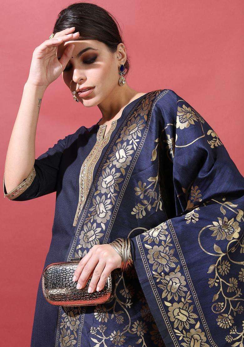 Navy Blue Printed Polyester Kurta Set - Indya