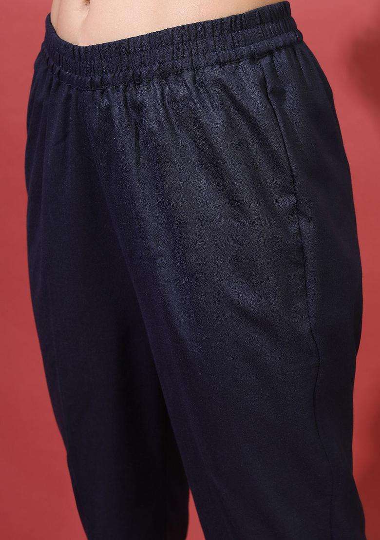 Navy Blue Printed Polyester Kurta Set - Indya
