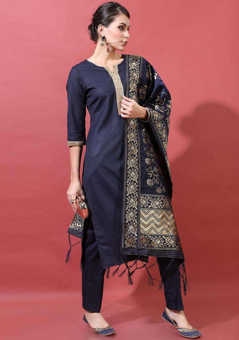 Navy Blue Printed Polyester Kurta Set - Indya