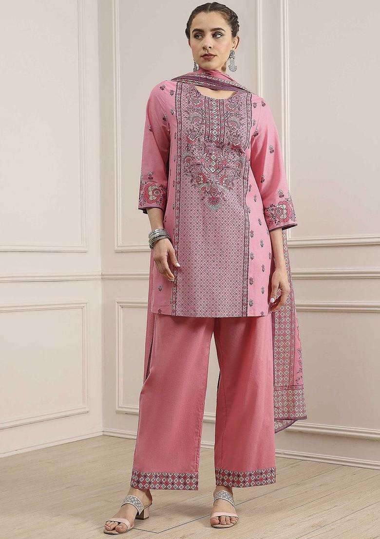 Pink Printed Cotton Kurta Set - Indya