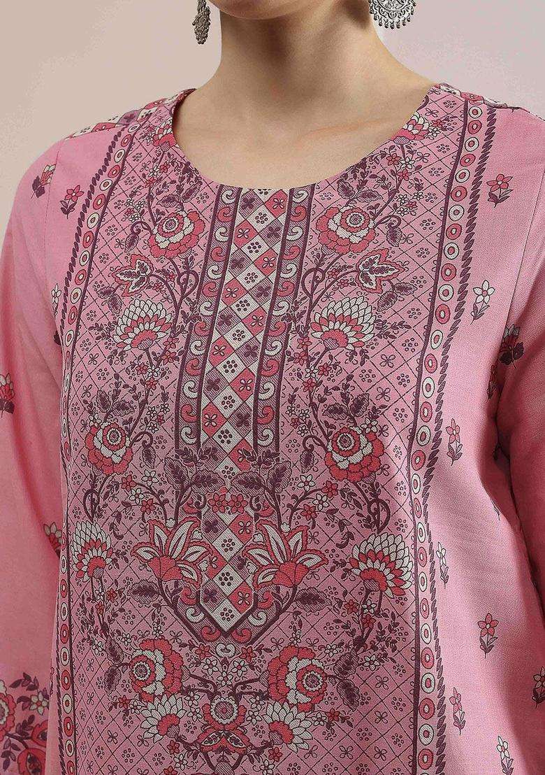 Pink Printed Cotton Kurta Set - Indya