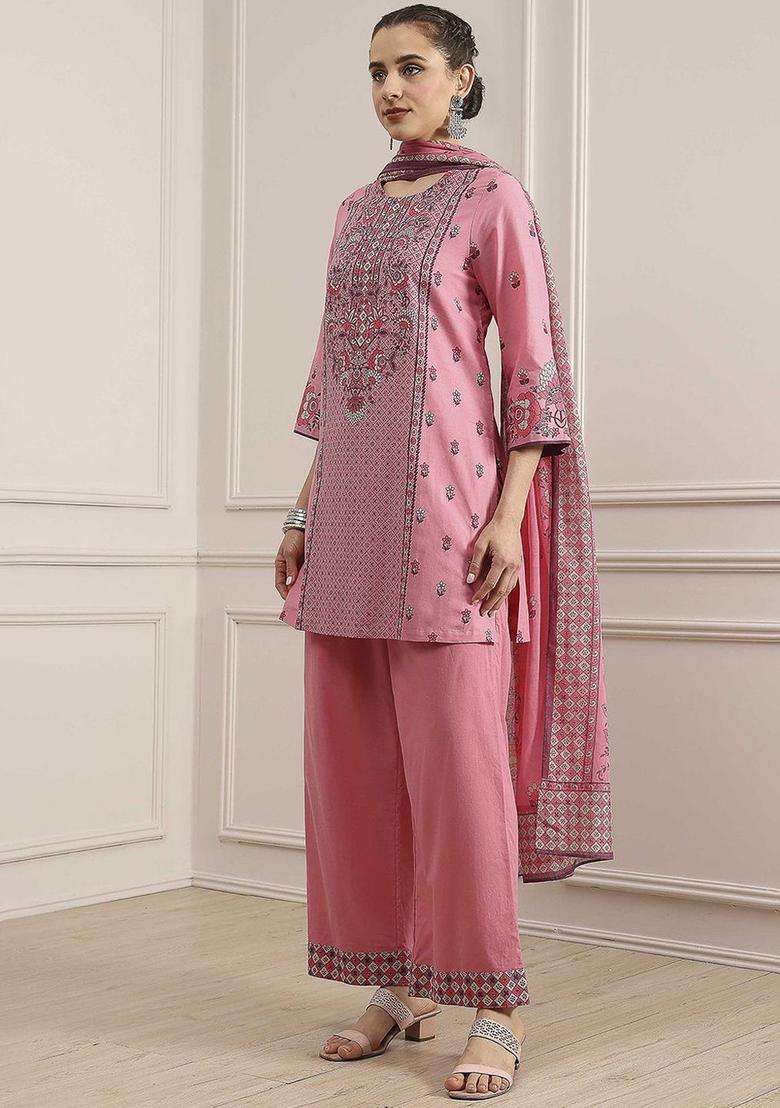 Pink Printed Cotton Kurta Set - Indya