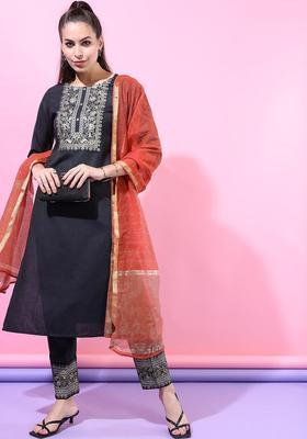 Navy Blue Yoke Design Polyester Kurta Set