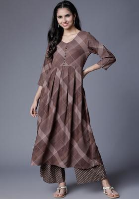 Brown Printed Viscose Kurta Set