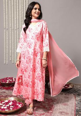 Peach Printed Viscose Kurta Set