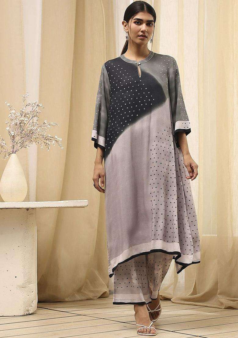 Grey Printed Viscose Kurta Set - Indya