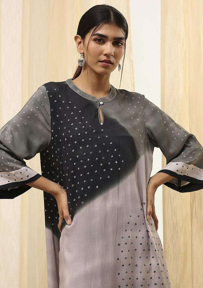 Grey Printed Viscose Kurta Set - Indya