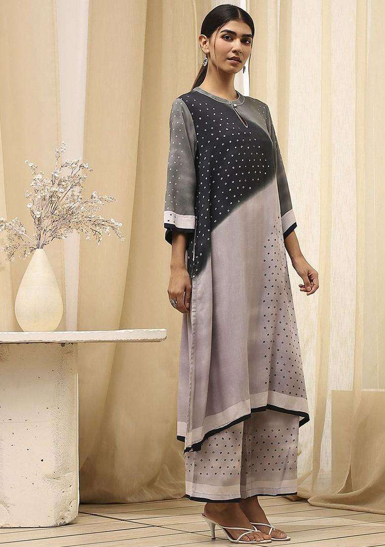 Grey Printed Viscose Kurta Set - Indya