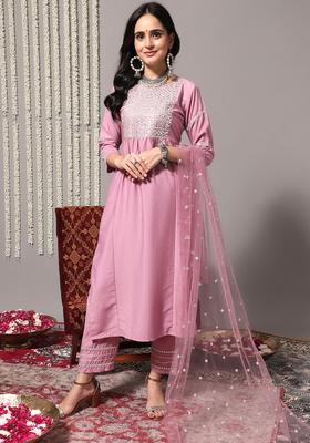 Pink Yoke Design Silk Blend Kurta Set