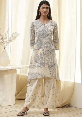 White Printed Cotton Kurta Set