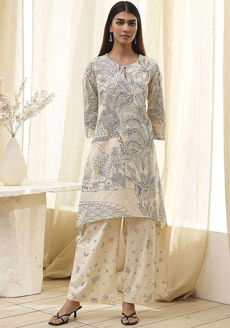 White Printed Cotton Kurta Set - Indya