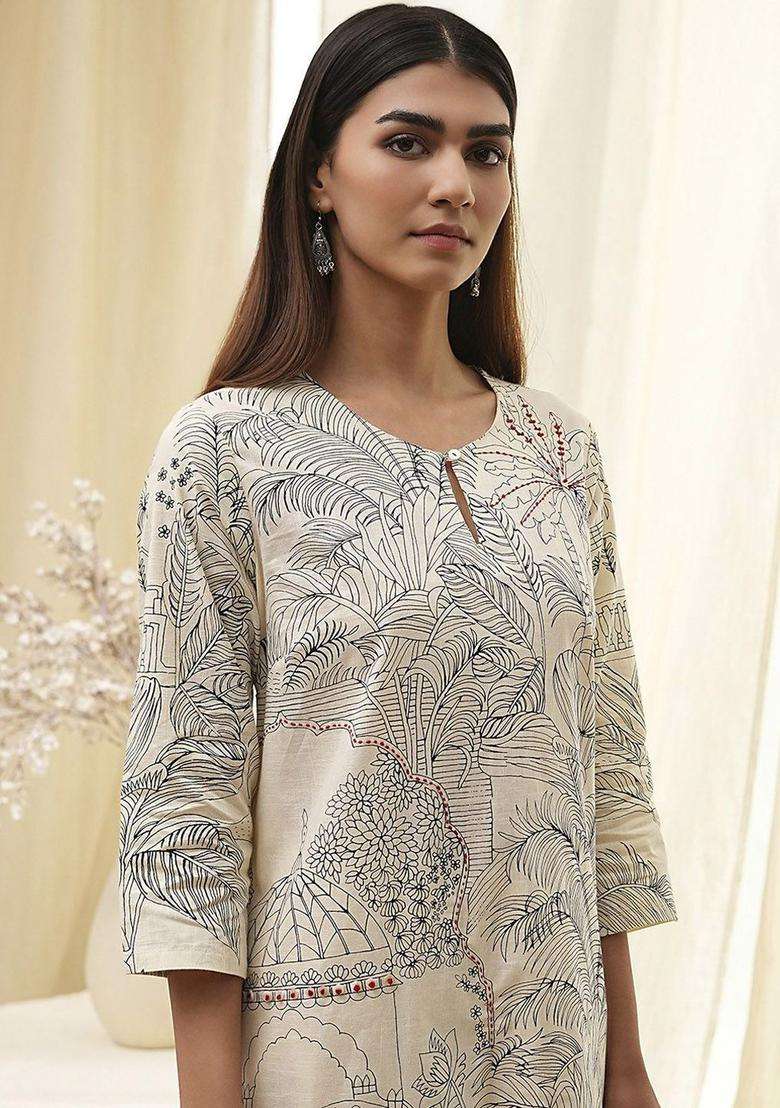 White Printed Cotton Kurta Set - Indya