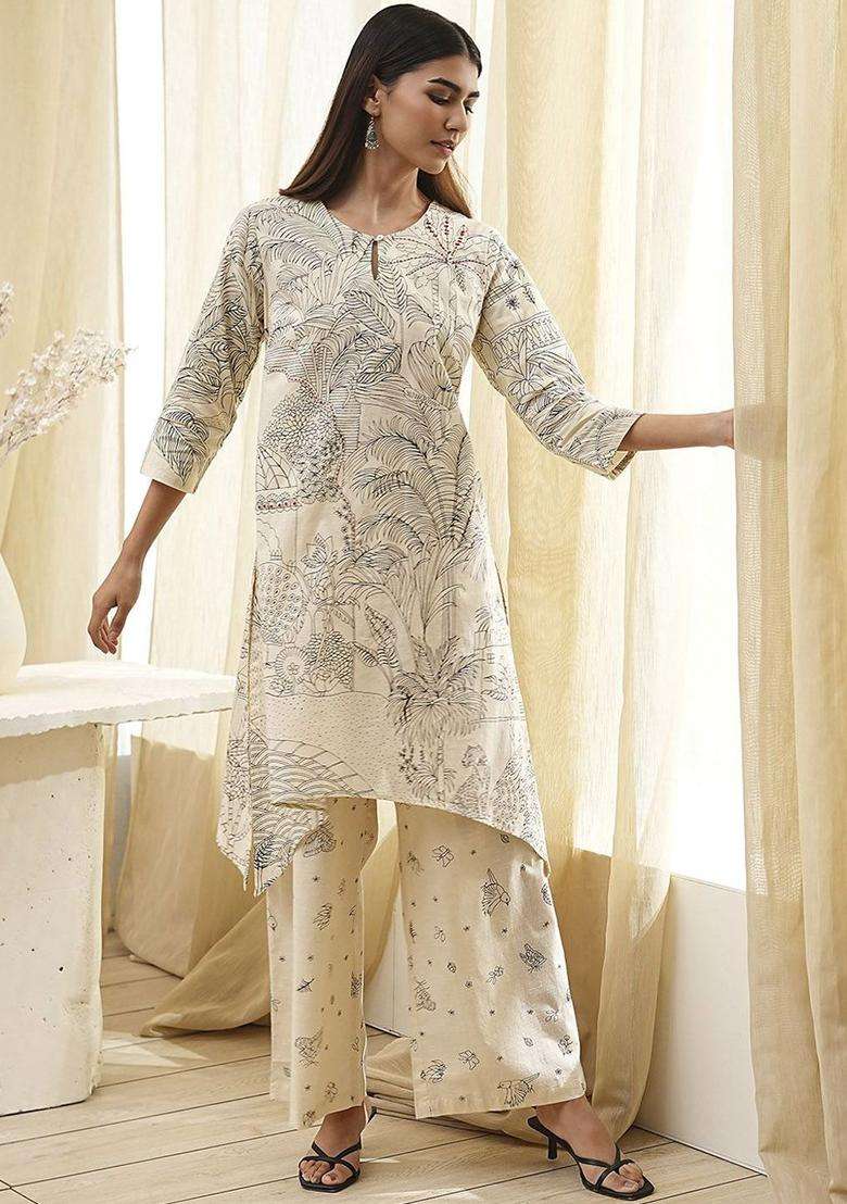 White Printed Cotton Kurta Set - Indya