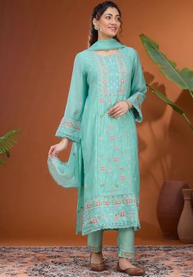 Sea Green Embroidered Silk Kurta Set