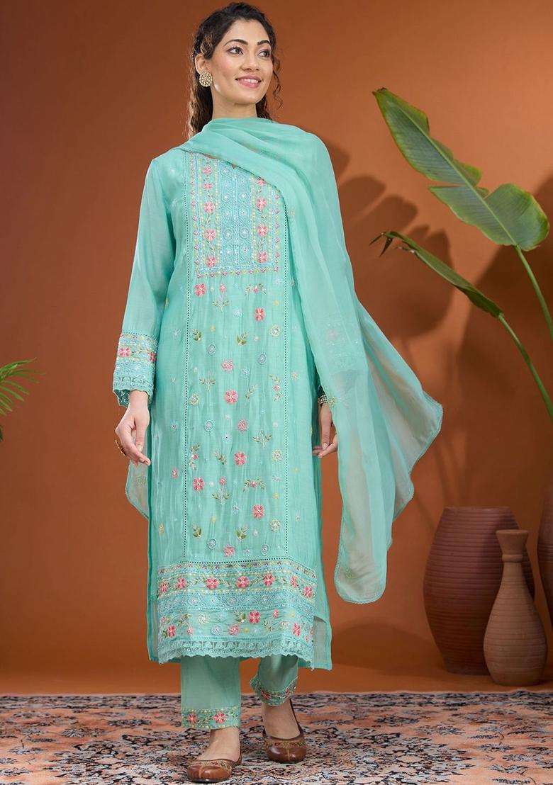 Sea Green Embroidered Silk Blend Kurta Set - Indya