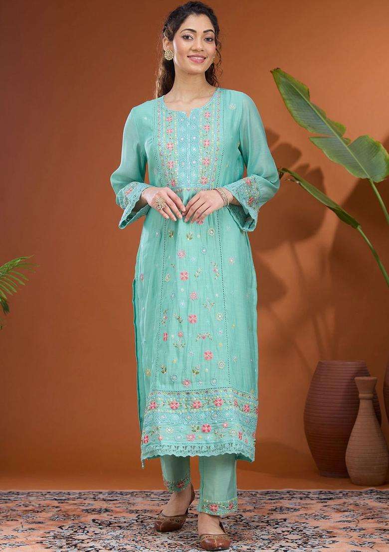 Sea Green Embroidered Silk Blend Kurta Set - Indya
