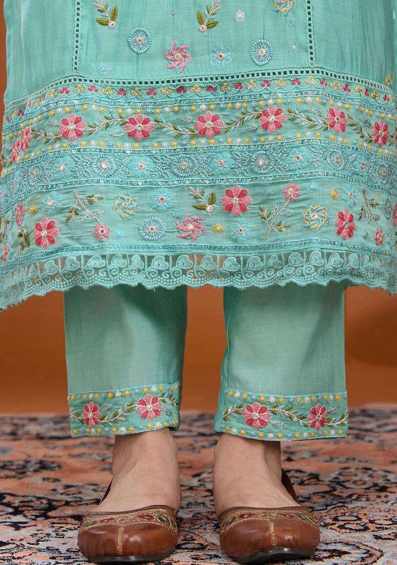 Sea Green Embroidered Silk Blend Kurta Set - Indya