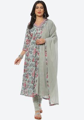Grey Printed Voile Kurta Set