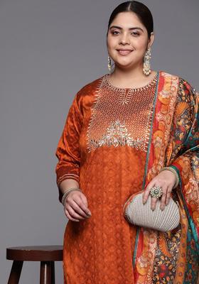 Rust Embroidered Silk Kurta Set