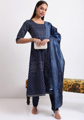 Blue Printed Polyester Kurta Set