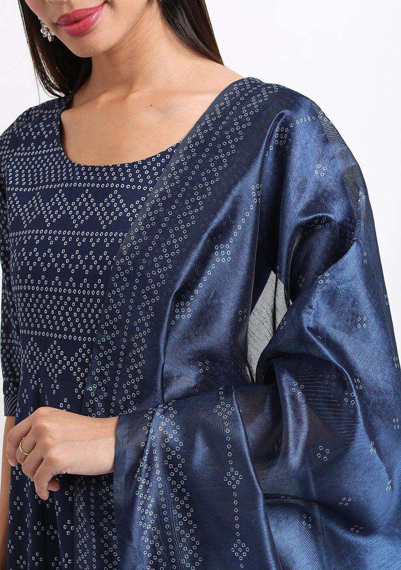 Blue Printed Polyester Kurta Set - Indya