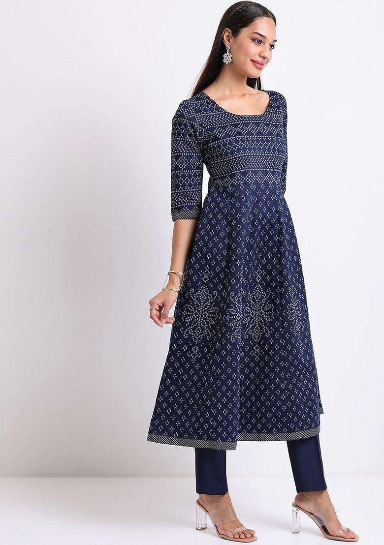 Blue Printed Polyester Kurta Set - Indya