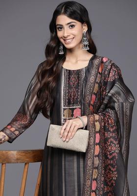 Black Printed Silk Blend Kurta Set