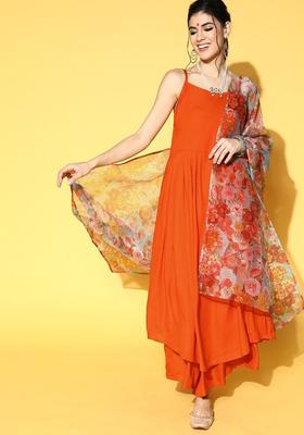 Orange Solid Viscose Kurta Set