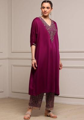 Purple Embroidered Satin Kurta Set