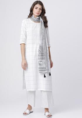 Off White Self Design Cotton Kurta Set