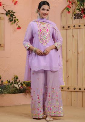 Lavender Embroidered Cotton Kurta Set