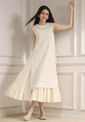 White Self Design Cotton Kurta Set