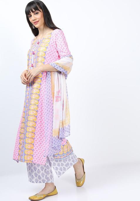 Pink Printed Polyester Kurta Set — view on Indya