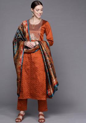Rust Embroidered Silk Blend Kurta Set