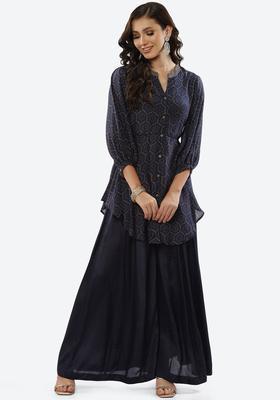 Navy Blue Printed Polyester Kurta Set