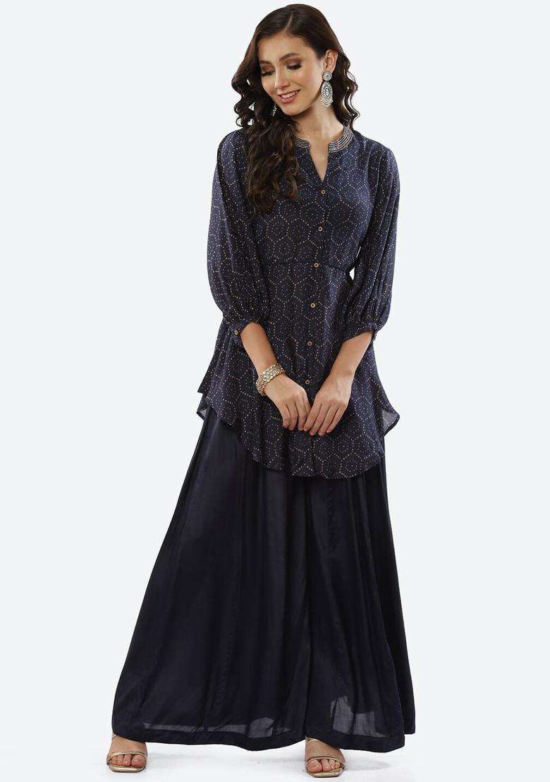 Navy Blue Printed Polyester Kurta Set - Indya