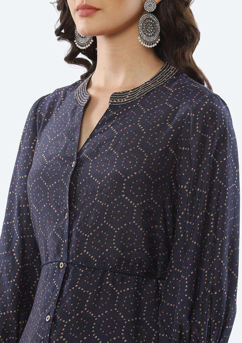 Navy Blue Printed Polyester Kurta Set - Indya