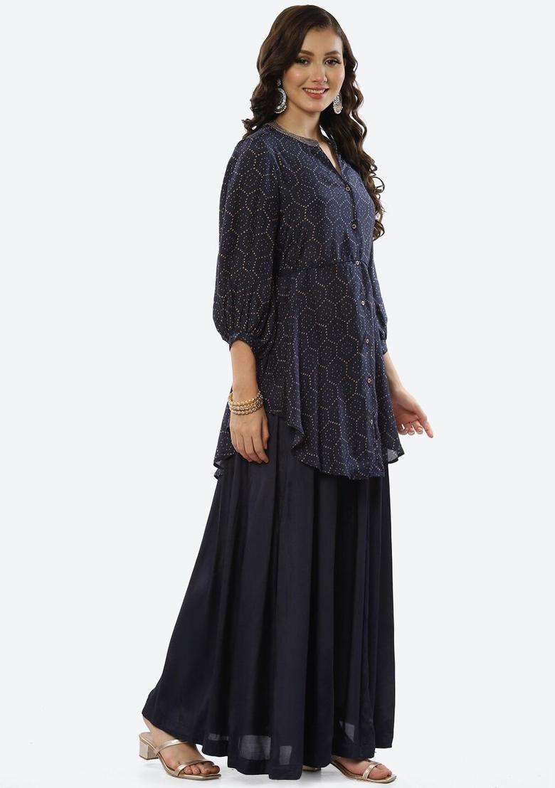 Navy Blue Printed Polyester Kurta Set - Indya